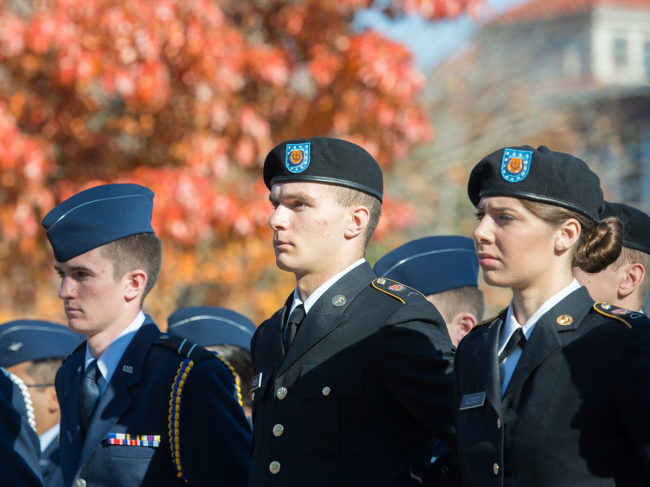 Students in their military uniforms on Veterans Day.