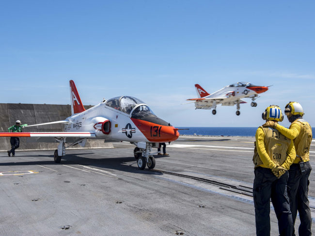 A T-45C Goshawk prepares to launch from the aircraft carrier USS George H.W. Bush.