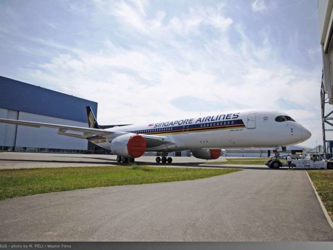 The first of seven A350-900 Ultra Long Range aircraft for delivery to Singapore Airlines shows off its distinctive livery after rolling out from Airbus’ Toulouse paint shop.