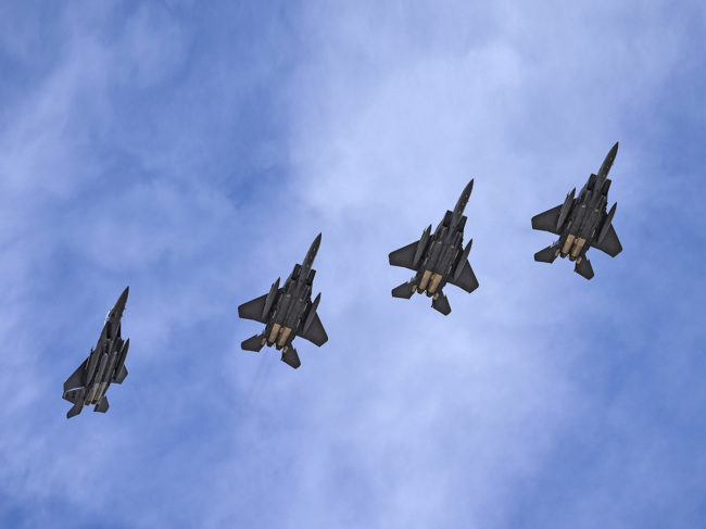 Four Republic of Singapore Air Force F-15E Strike Eagle fighter jets