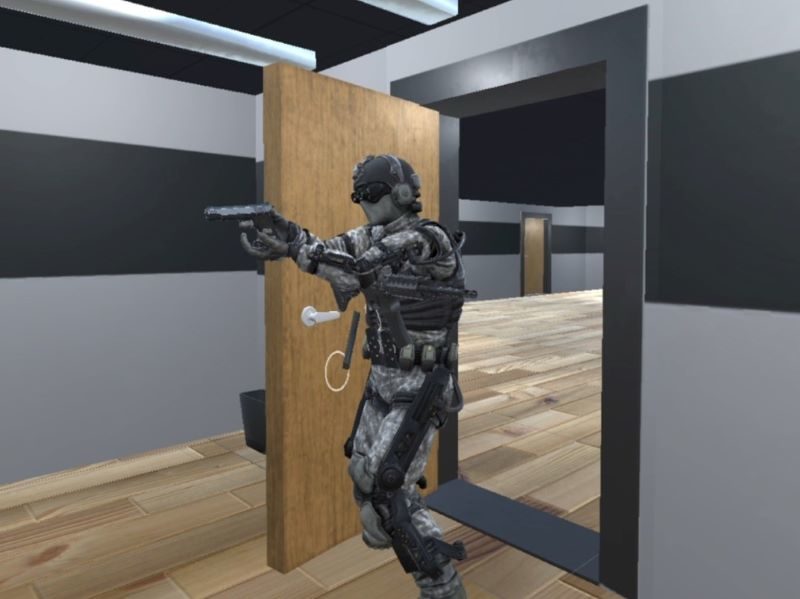 The A Square Small Arms Collaborative Training Environment (SACTE) has the capability to provide VR users an environment to train in a multiplayer networked experience.