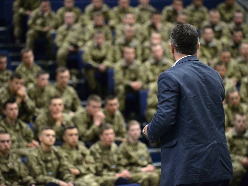 Junior Soldiers have opportunities to listen to motivational speakers – in this case, author and former SAS soldier Andy McNab